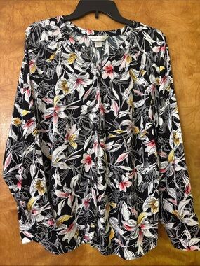 Christopher & Banks Black Floral Button-Up Blouse with Pink and Yellow Accents